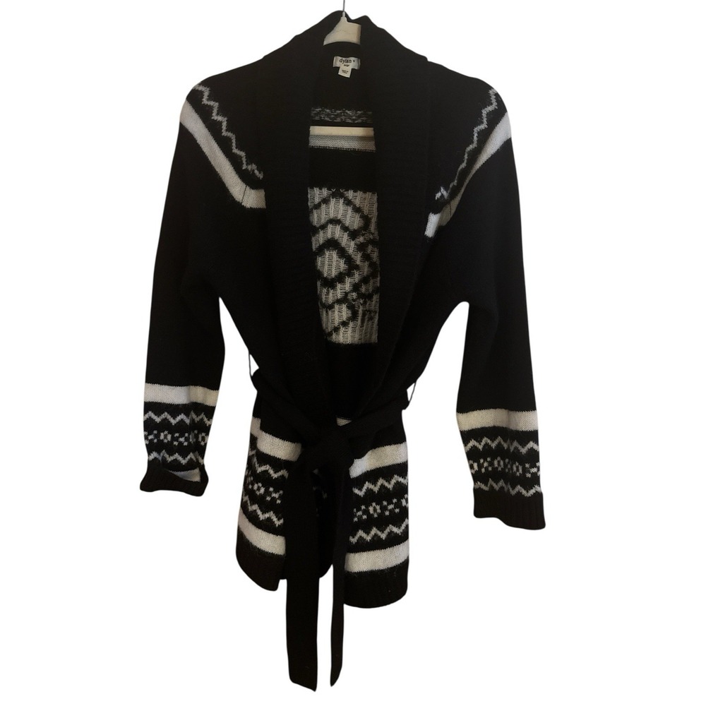Dylan Alpaca Blend Black White Sz Large Woman's Open Cardigan Tie Belt In Design
